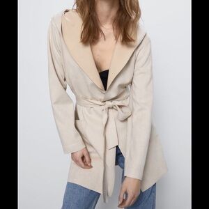 Zara Mid Length Faux Suede Open Front Tied Waist Trench Style Lightweight Jacket